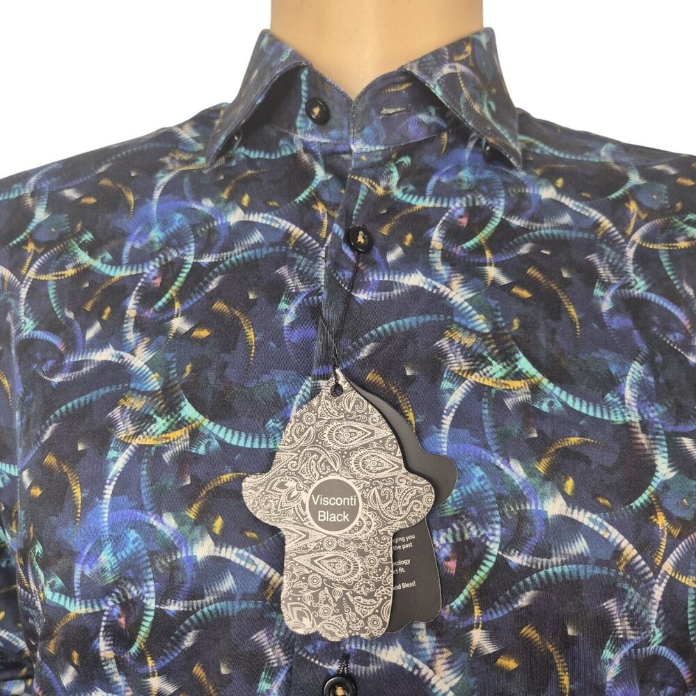 Luchiano Visconti Black Men Shirt  Size S Button up Long Sleeve Blue Tones (01)